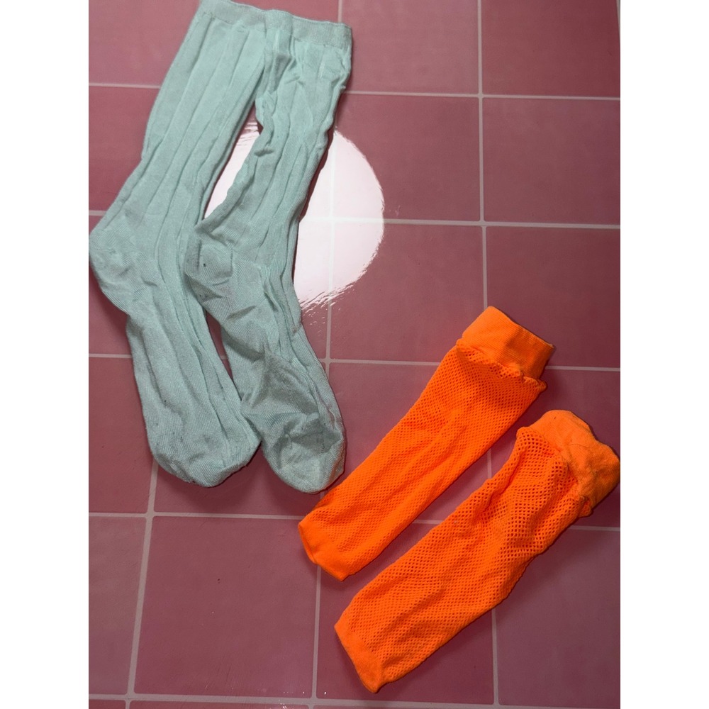 Womens Sock Bundle Mint Green Ribbed  & Neon Orange Fishnet Ankle